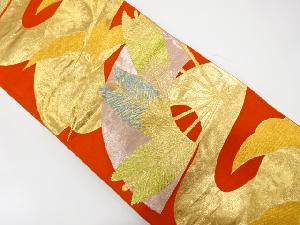 アンティーク　扇に若松・双鶴模様織り出し袋帯（着用可）